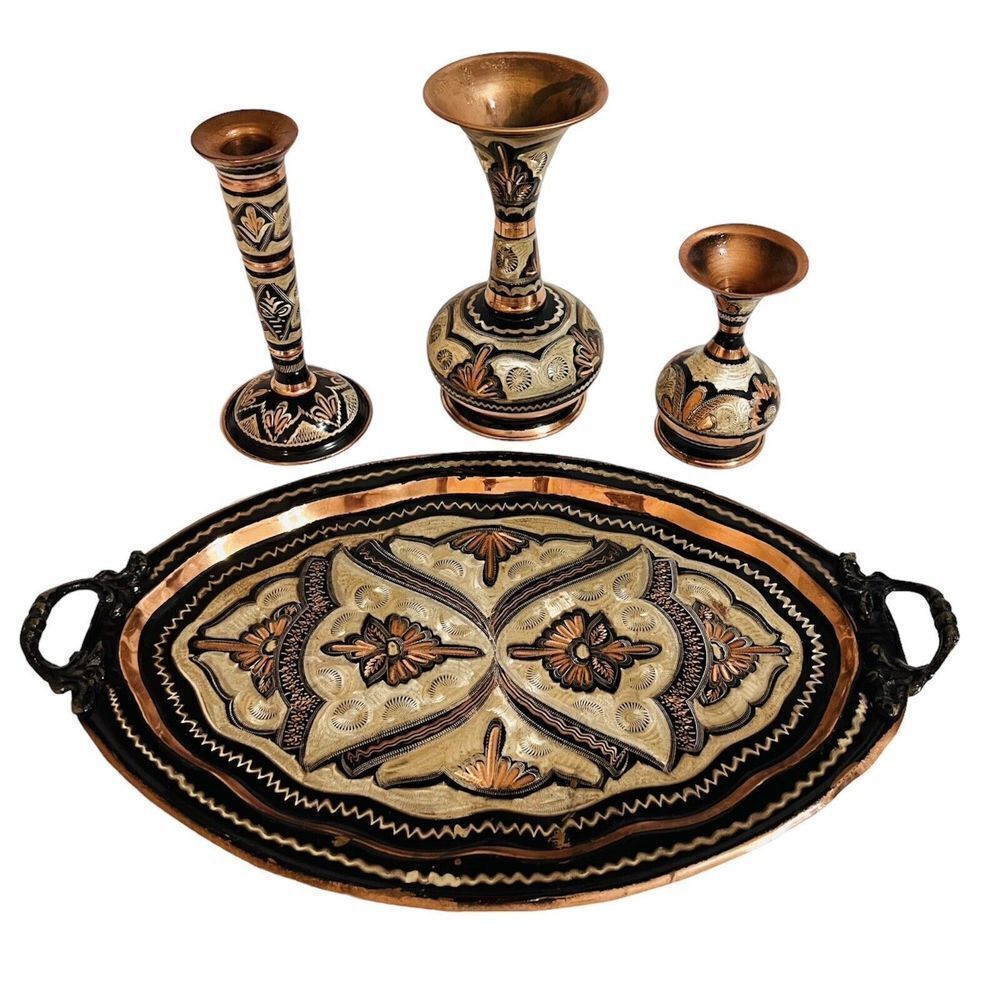 4 Turkish Copper Tray Serving Platter Vase Candlestick Engraved Turkey Set Lot